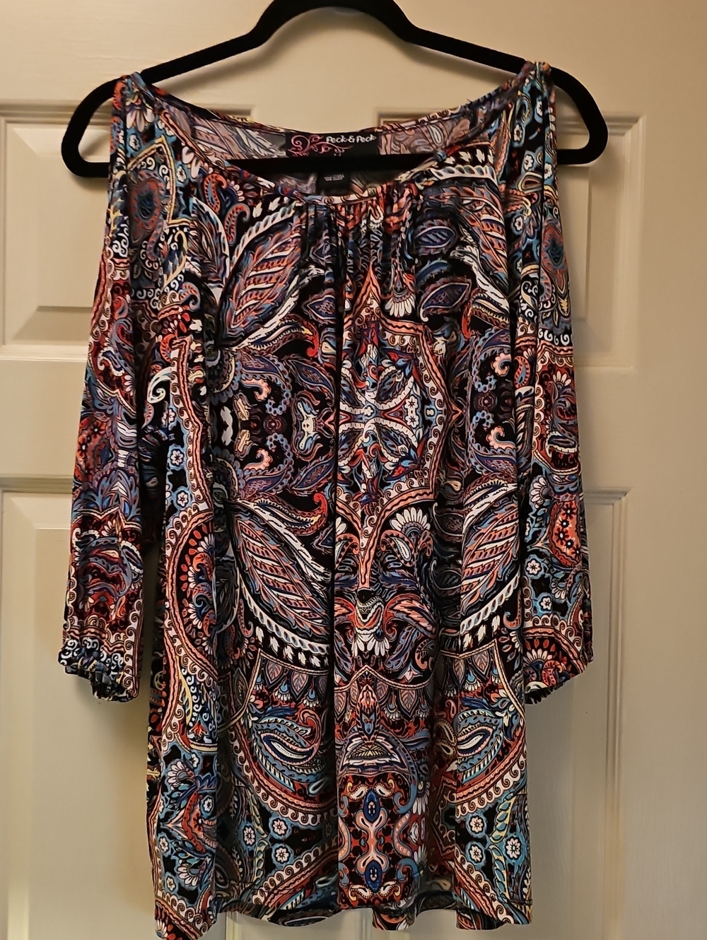 Peck & Peck Paisley Open Shoulder Tunic in Navy, Coral, Teal